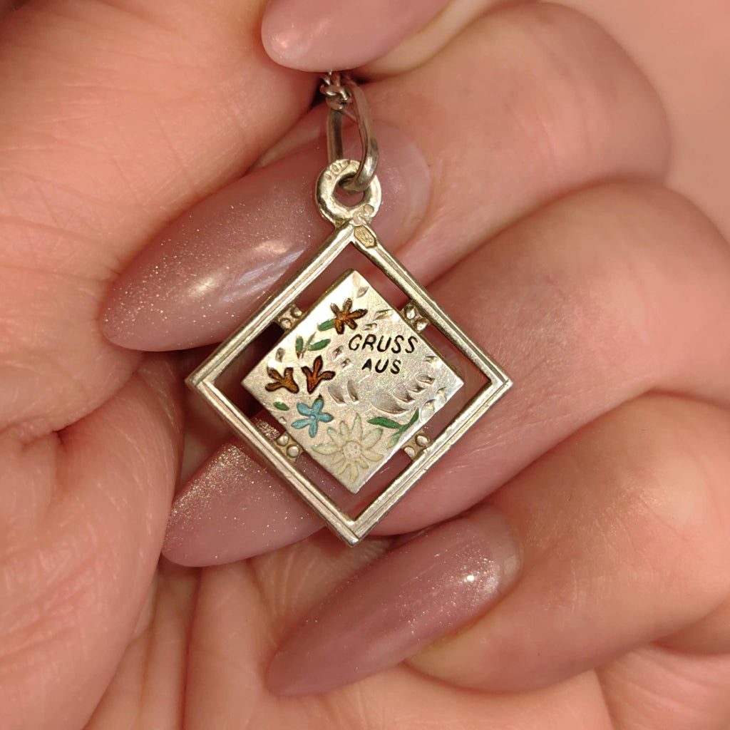 Art Nouveau Antique Vintage 1900s Silver Fire Enamel Floral Flower Gruss Aus hand painted Miniature Pendant