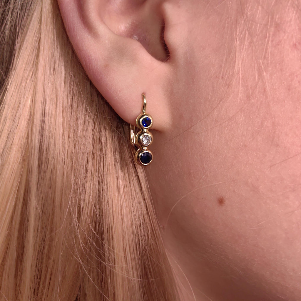 Vintage 14k Gold Sapphire Diamond Lever Back Earrings – Elegant Dainty Dormeuses