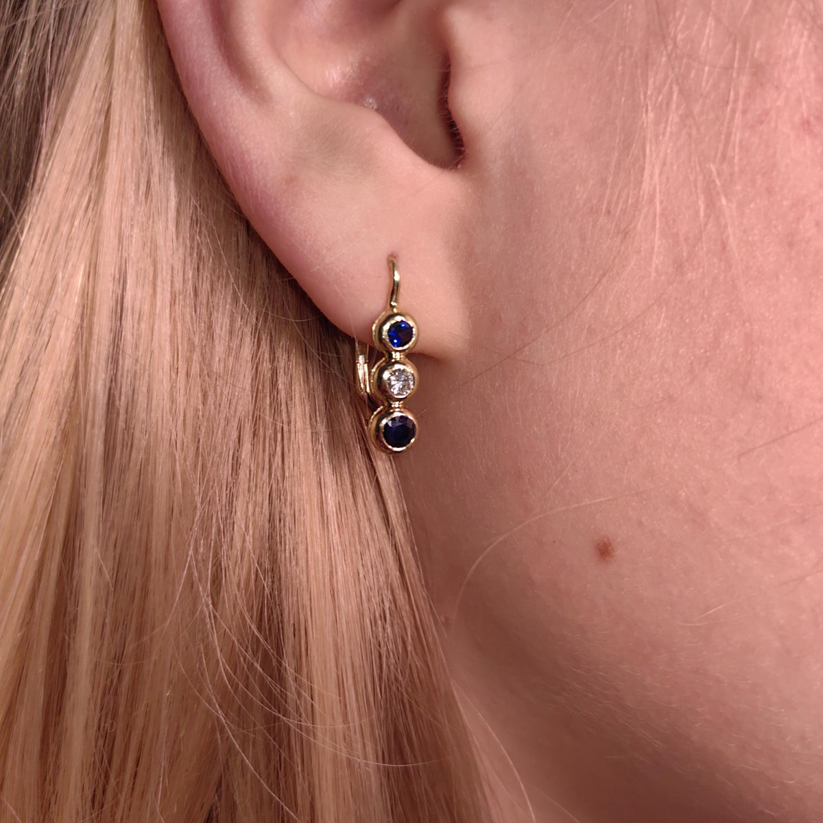 Vintage 14k Gold Sapphire Diamond Lever Back Earrings – Elegant Dainty Dormeuses