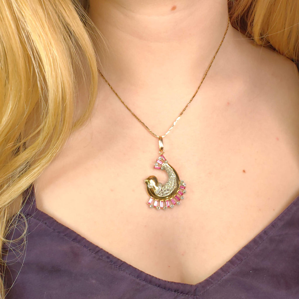 Art Deco 18K Gold Dolphin Pendant: Diamond & Ruby Accent