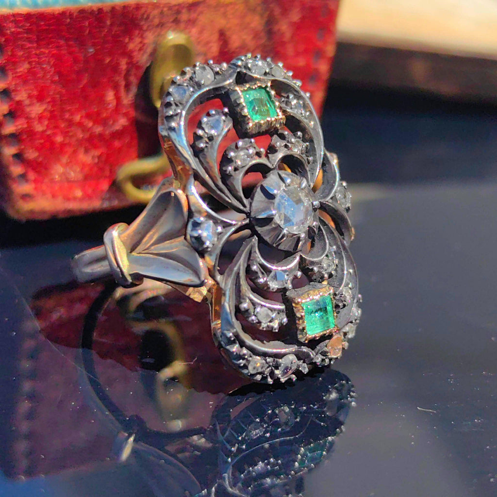 Art Deco Natural Green Emerald Rose Diamond in Silver Setting Elegant Ring 14k Gold & Silver, 1940s Vintage Antique Gift for Her
