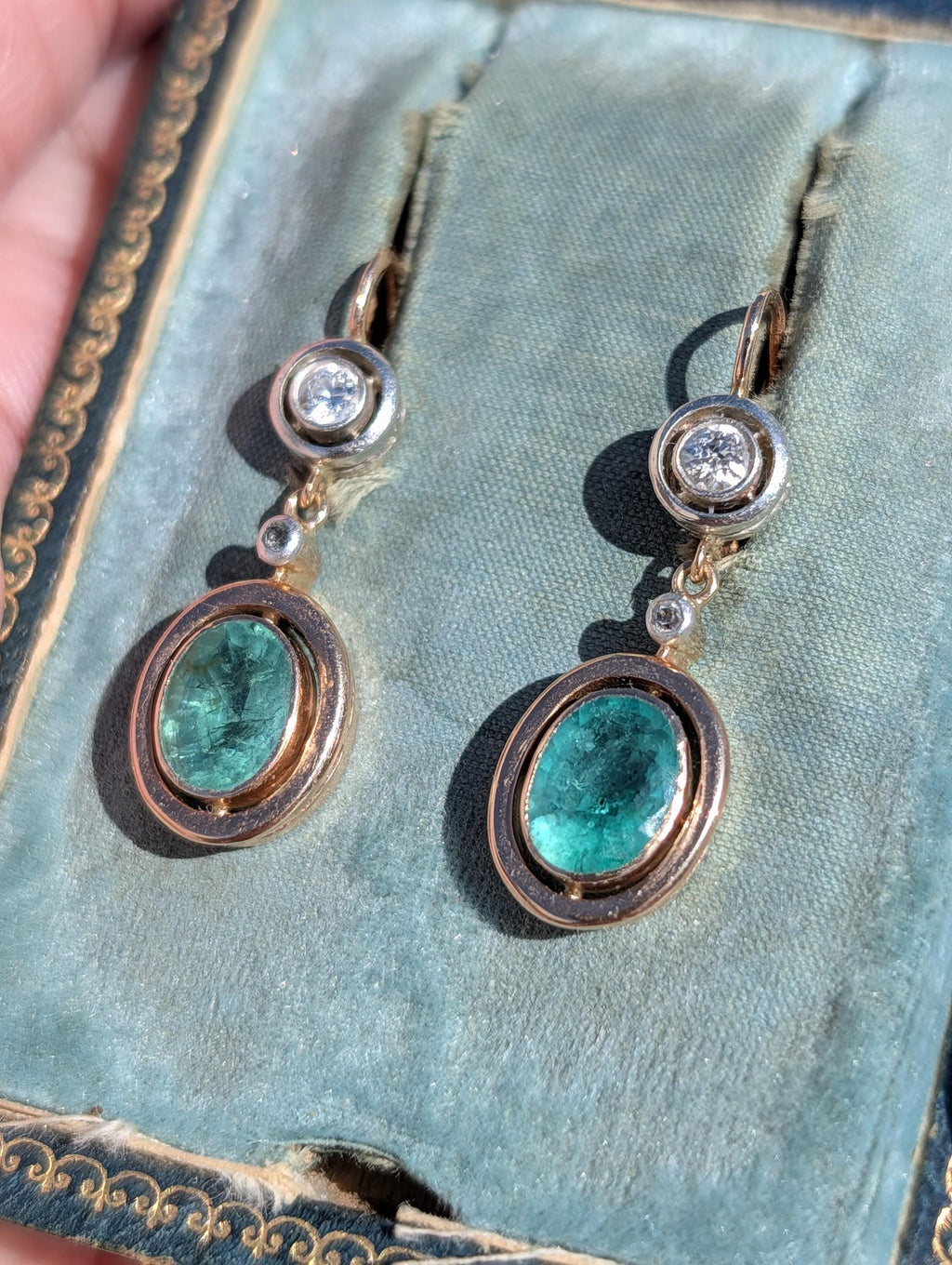 1920s Antique Emerald Diamond Dangle Drop Earrings, 14k Yellow Gold Heirloom Jewelry