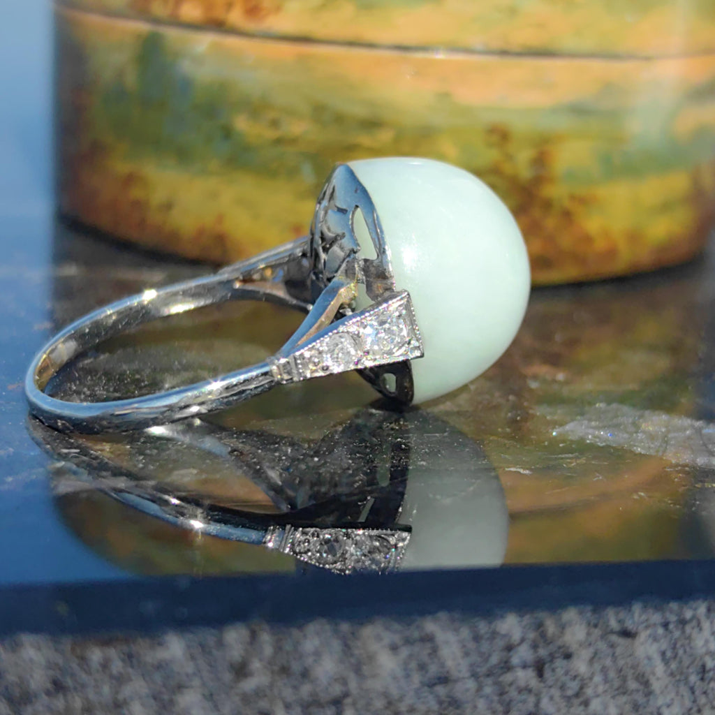 1920s Art Deco Jade Diamond Ring: 18k White Gold French Hallmarks
