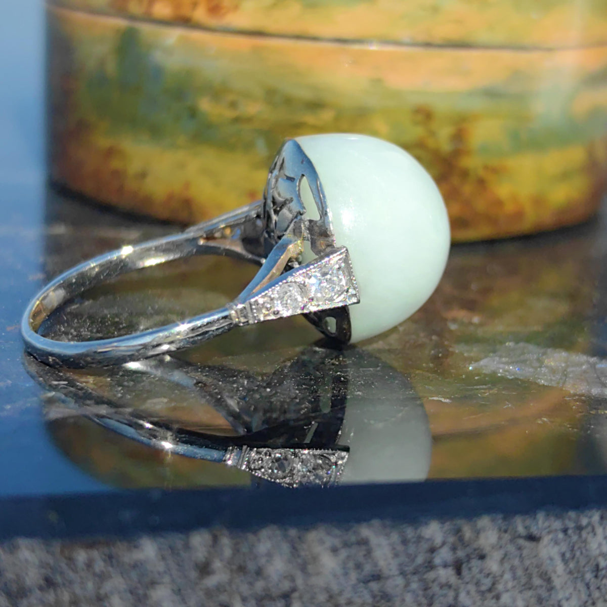 1920s Art Deco Jade Diamond Ring: 18k White Gold French Hallmarks