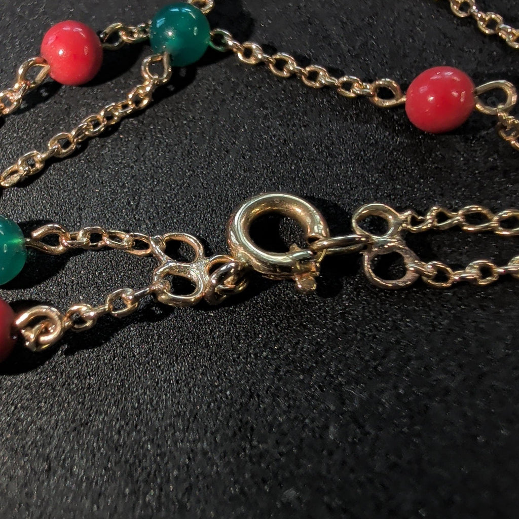 1900s Antique 18k Gold Coral Chrysoprase Beaded Chain Bracelet, 19 cm, 4mm Gemstone Beads, 3.90g Estate Jewelry Gift for Her