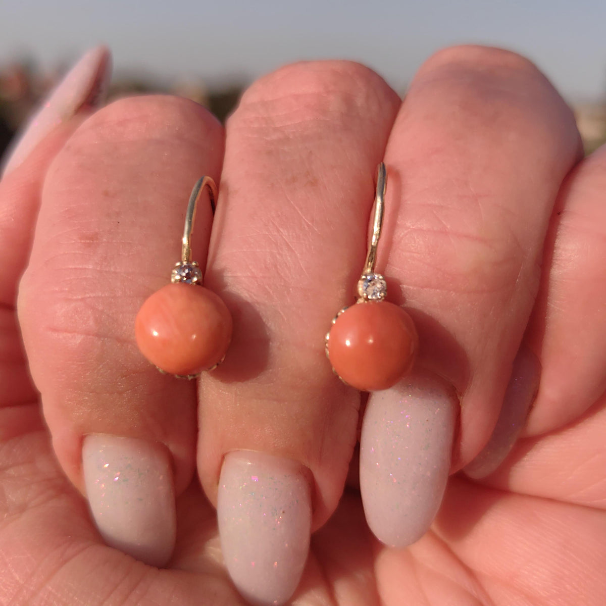 Vintage 14k Gold Coral & Diamond Earrings: Mid Century Mediterranean Design