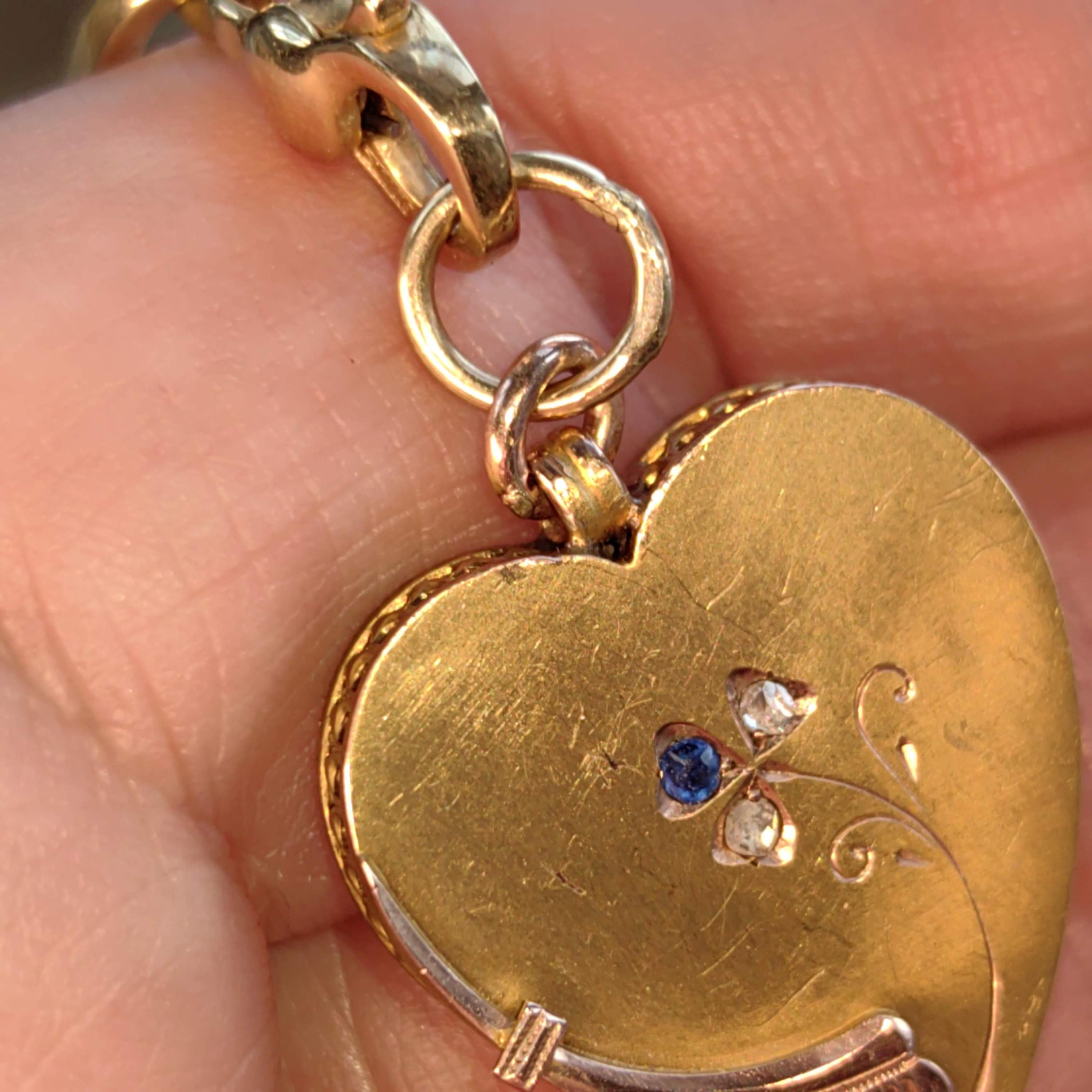 Victorian 14k Gold Heart Pendant: Diamond Sapphire Floral Necklace, 1880s Antique Charm