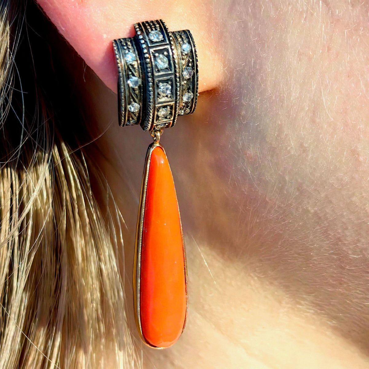 Art Deco Antique Vintage Coral and Diamond Dangle Earrings