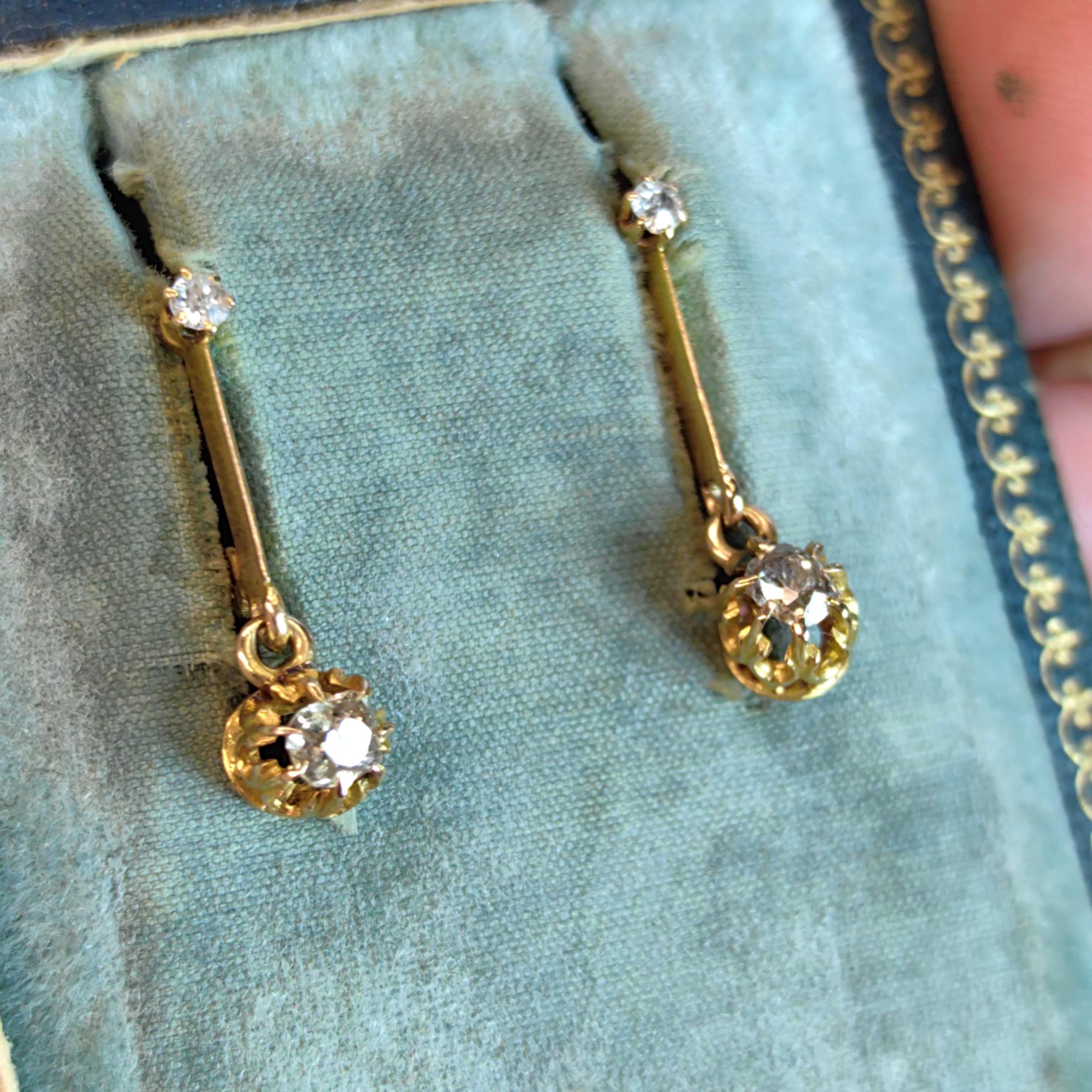 Original 1920s Art Deco Solitaire Dangle 0.30 ct. Bezel setting Diamonds Solid Hallmarked 18k Gold Antique Sleepers Dormouse Earrings