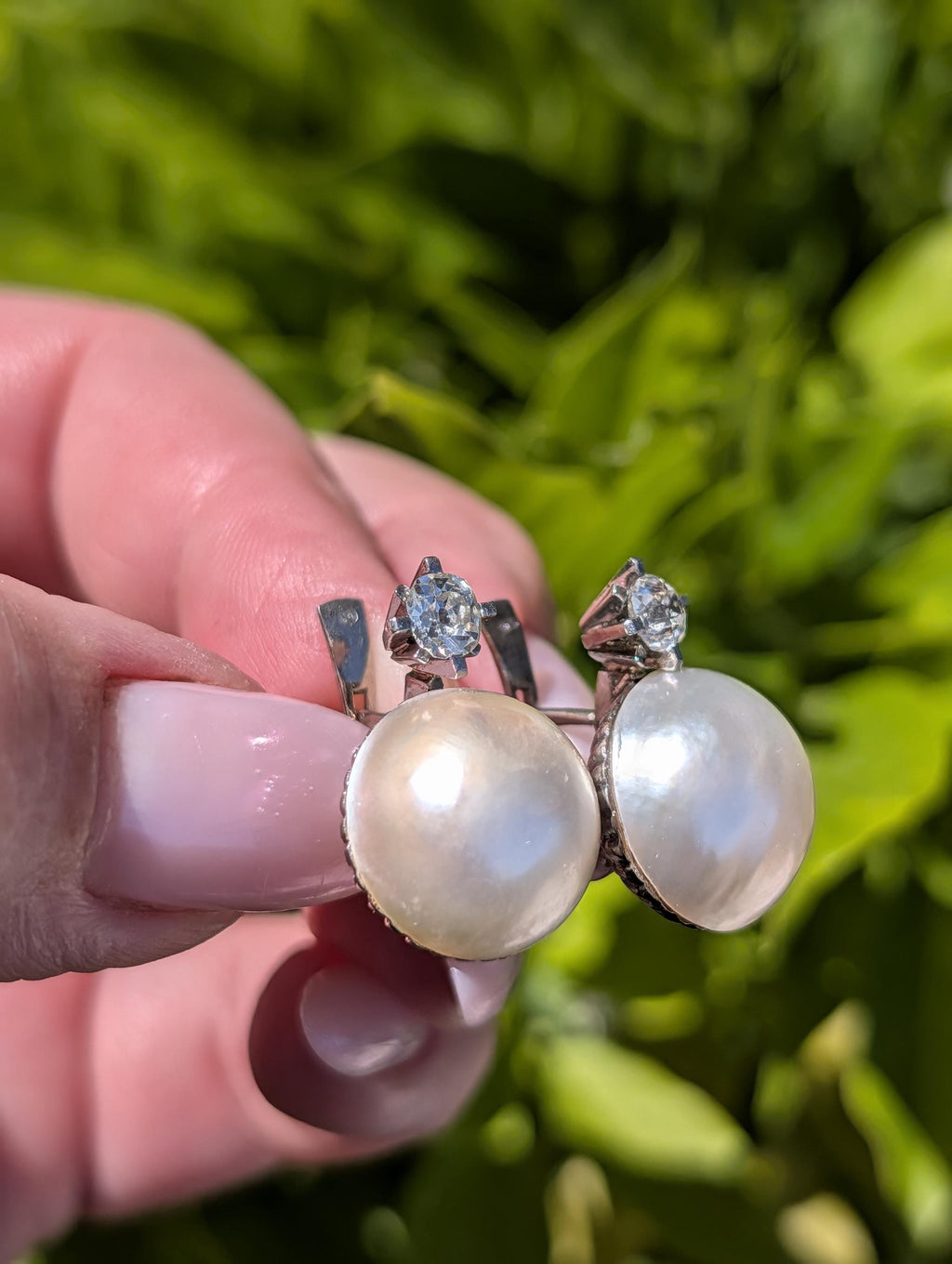 1940s Diamond Mabe Pearl Statement Earrings 18k White Gold Old Mine Cut Diamonds Hallmarked Luxury Fine Jewelry Gift for Her