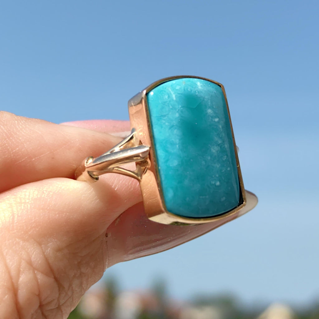 Vintage 14k Solid Yellow Gold Blue Turquoise Square Ring Antique Art Deco 1920s Gift for Her Elegant Present