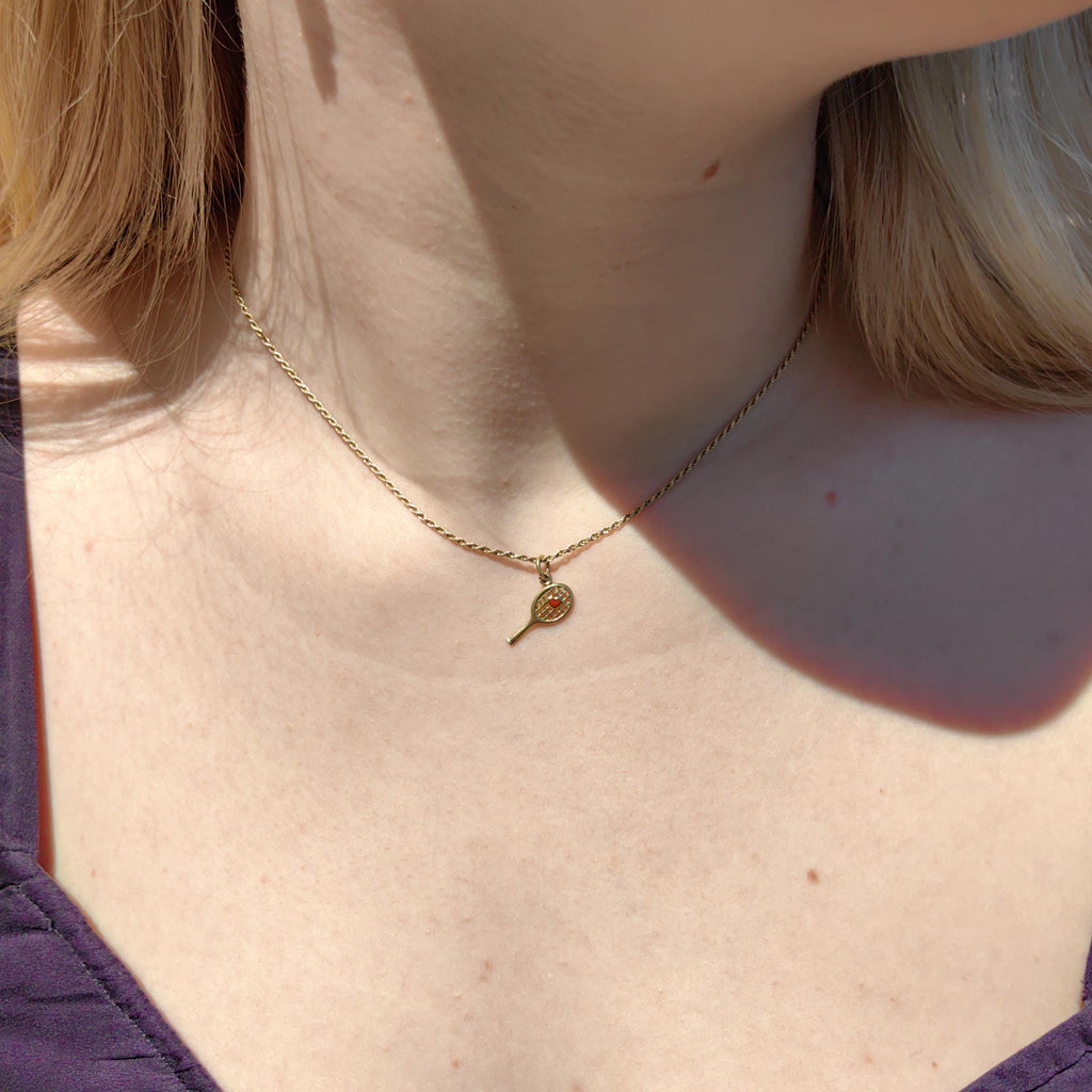 Vintage 14k Solid Yellow Gold Tennis Racket Sports Lover Necklace Pendant Red Heart Hand Painted Fire Enamel Charm Gift for Tennis Player