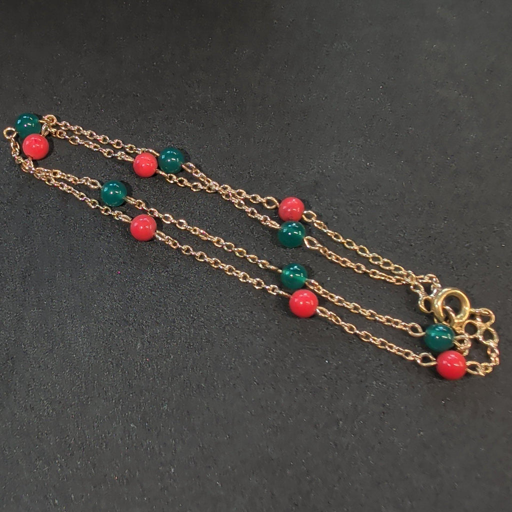 1900s Antique 18k Gold Coral Chrysoprase Beaded Chain Bracelet, 19 cm, 4mm Gemstone Beads, 3.90g Estate Jewelry Gift for Her