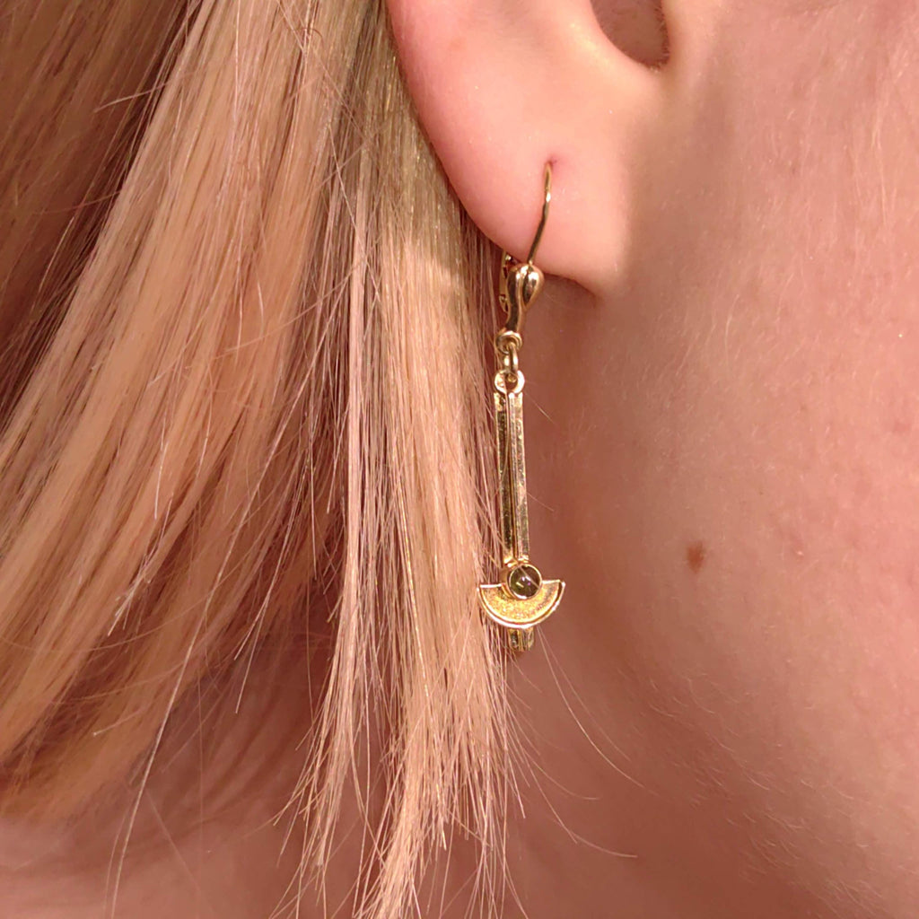 Mid Century Antique Natural Green Peridot Solid 14k Yellow Gold Dangle Drop Long Statement Elegant Geometric Earrings Gift for Her