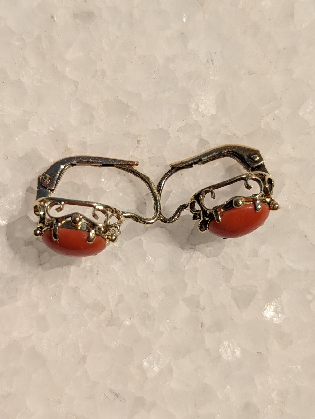 Victorian 1900s 14k Yellow Gold Coral Sleeper Earrings, Antique Oval Red Coral Lever Back Earrings, 9x15mm Art Nouveau US Duty Free HTS 9706