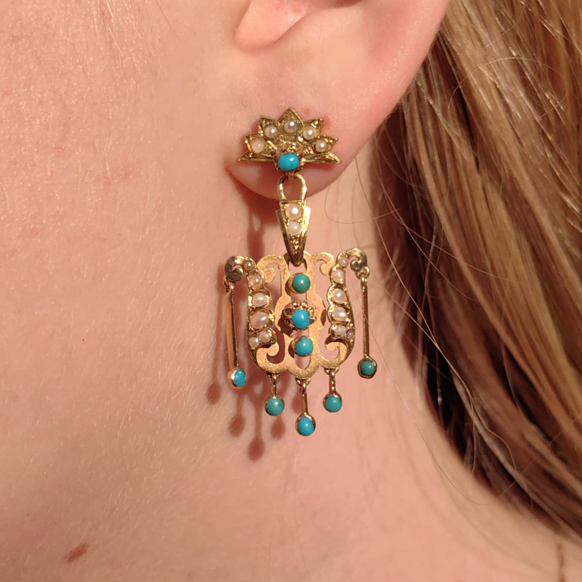 Turquoise Pearl 18K Gold Dangle Earrings: Antique Victorian Revival