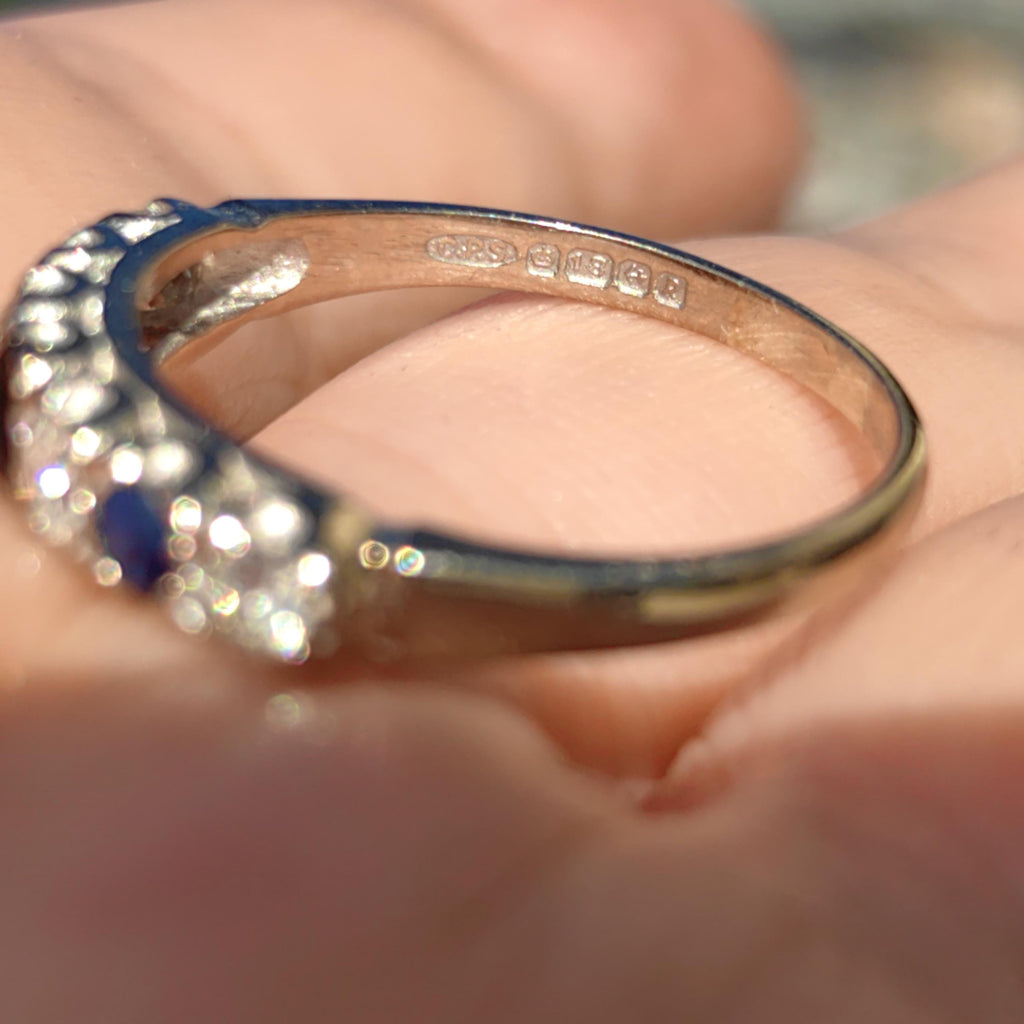 Vintage Sapphire Diamond Band: 18k White Gold Engagement Ring, 1940s