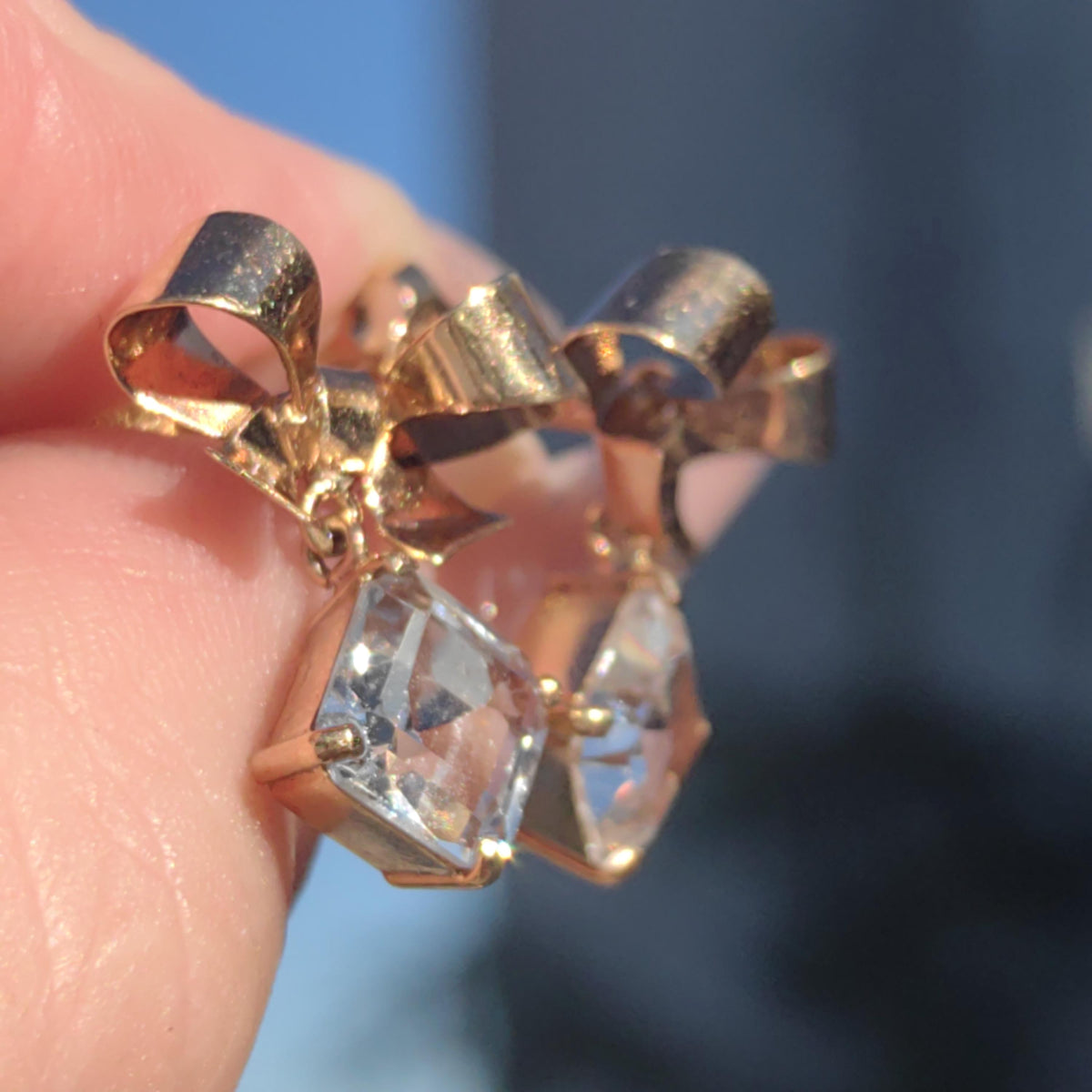 18k Solid Gold Cubic Zirconia Bow Dangle Stud Push Back Closure Elegant Vintage Antique Princess Cut Classic Solitaire Earrings Gift for Her