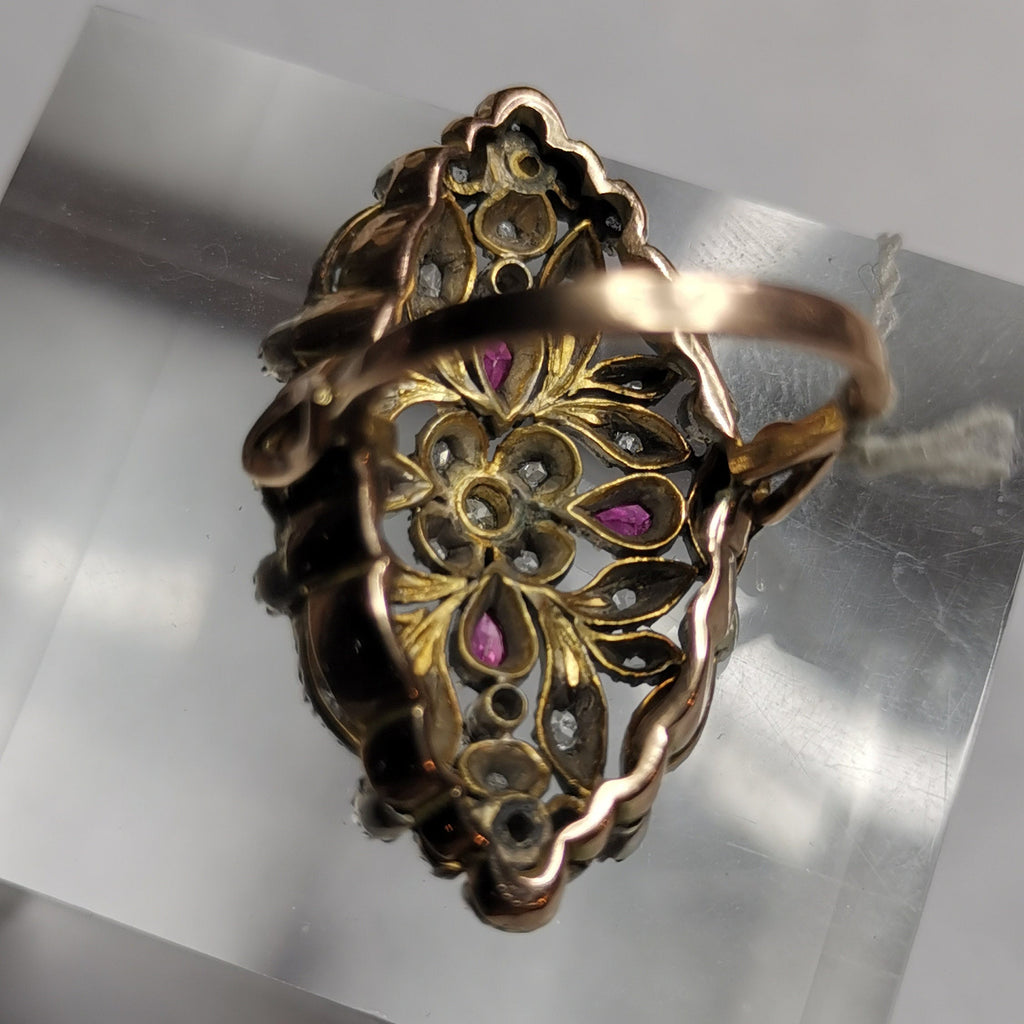 Floral Art Deco Diamond and Ruby gold ring