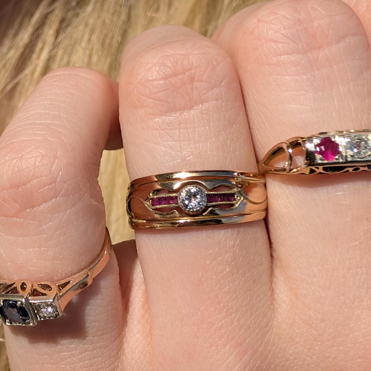 Art Deco 1920s Natural red Ruby Diamond 14K Solid Yellow Gold Hallmarked Ring Vintage Chevalier ring, Band Stackable Ring, US size 7
