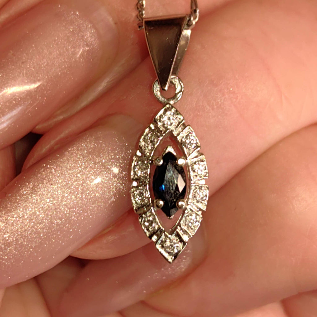 Vintage 14k Solid Yellow Gold Blue Sapphire Cluster Natural Diamond Necklace Pendant Bracelet Charm Gift for Her Retro Antique Pendant