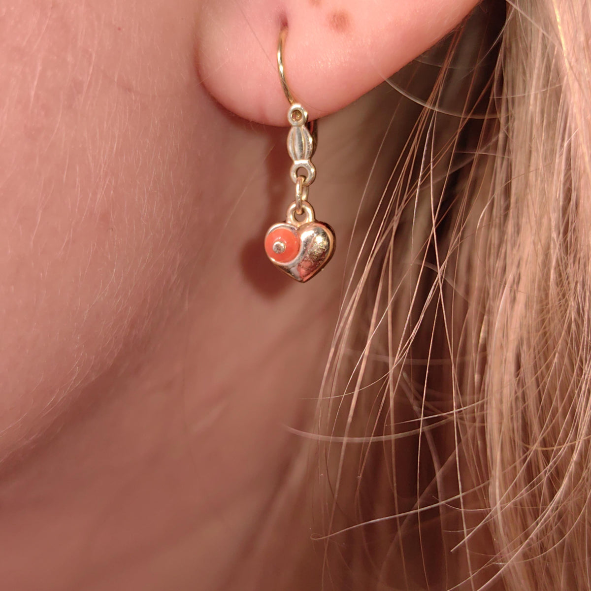 Antique Vintage Mediterranean Red Coral Heart Shaped Love Dangle Solid 8k Gold Drop Mid Century Charm Earrings Gift for Her Present