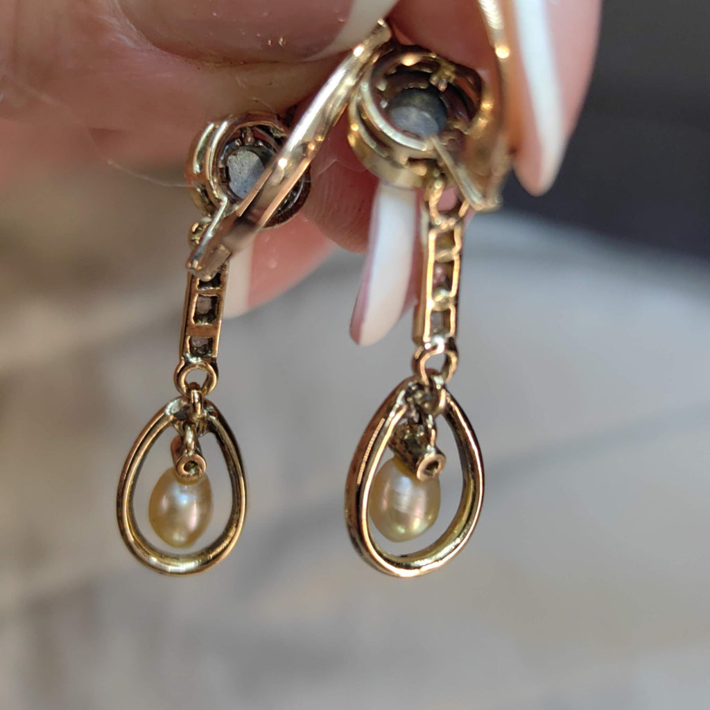 Antique 18k Gold Pearl Earrings: Rose Cut Diamond Art Nouveau Dangles