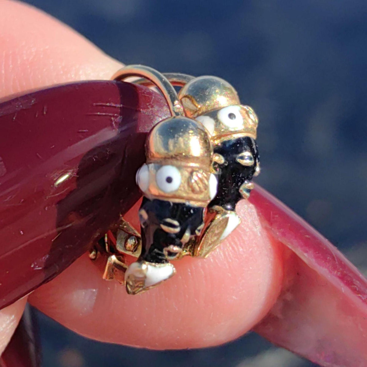 Antique Moor Sleepers Moretti Vintage Dormeuses Enamel Solid 14k Yellow Gold rear Closure, Art Deco Dainty Red Gold Black Earrings