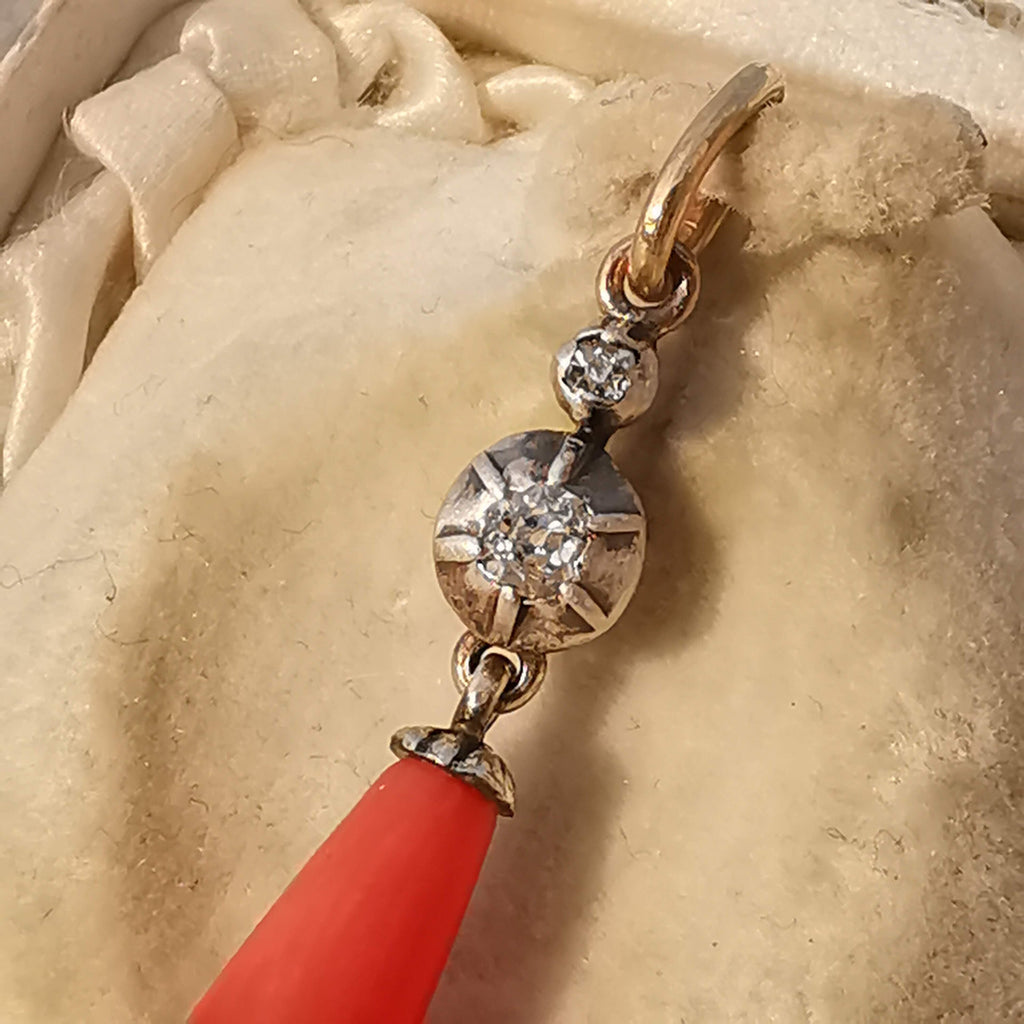 Victorian Red Mediterranean Natural Coral Diamond Pendant 14k Solid Yellow Rose Gold & Silver Antique 1880s Drop Dangle Pendant Charm