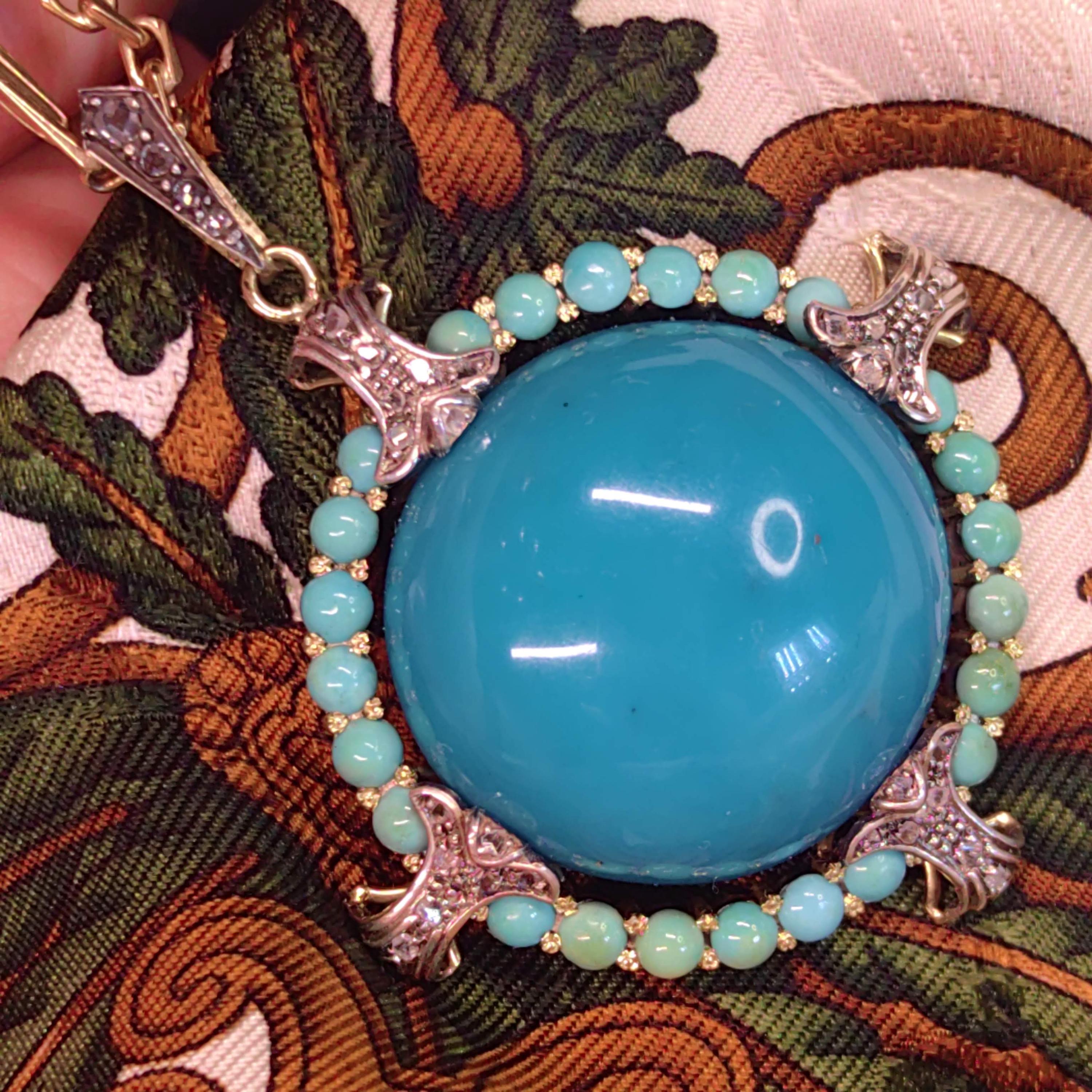 1930s Art Deco Natural Blue Turquoise Pendant 18k Solid Yellow Gold Rose Diamond Statement Pendant Charm Gift for Her Present