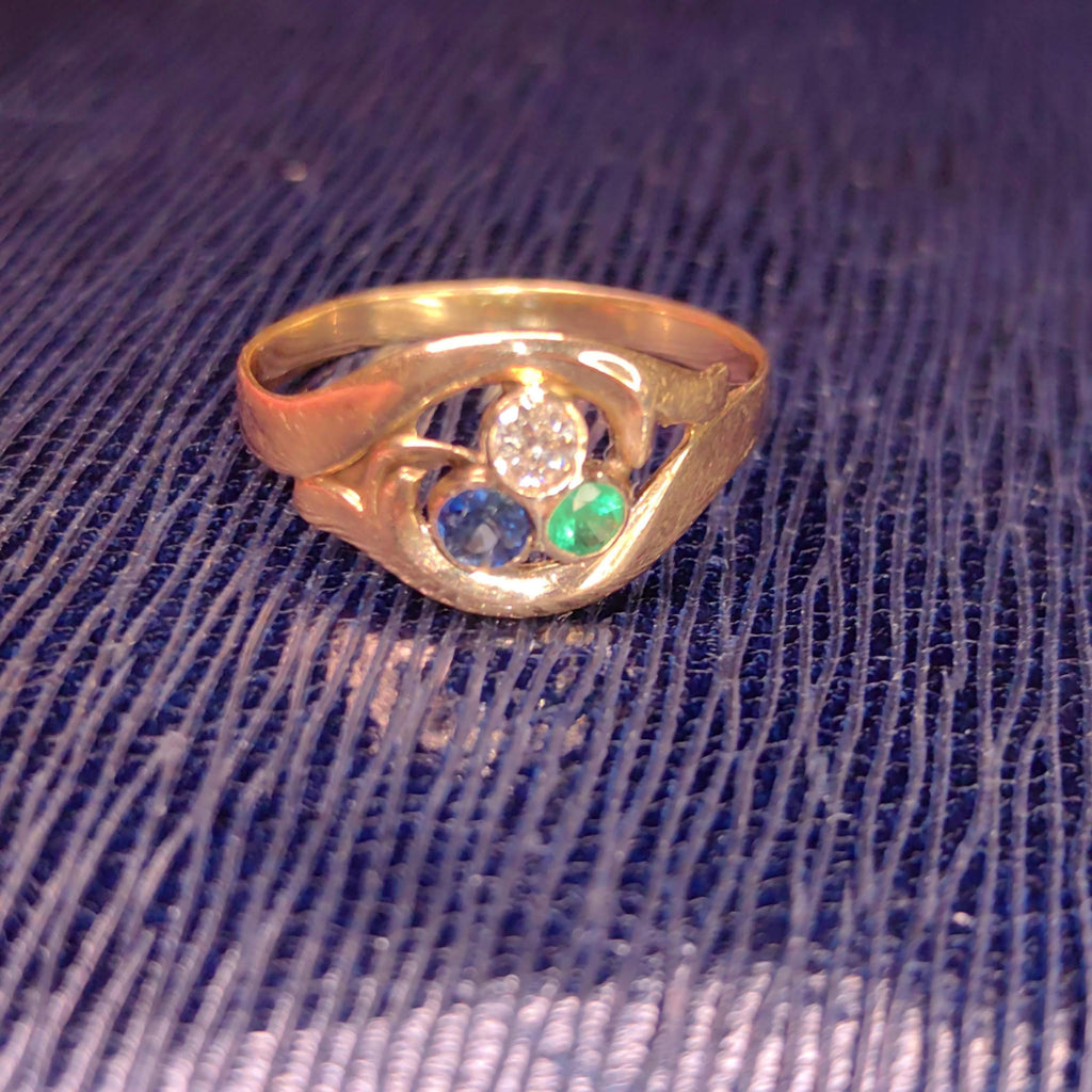 1900s Art Nouveau Natural Emerald Sapphire Diamond 14k Solid Yellow Rose Champagne Gold Vintage Antique Three Stone Elegant Engagement Ring