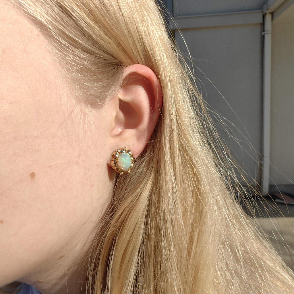 Antique Opal 18k Gold Earrings: Handmade Floral Art Nouveau Jewelry