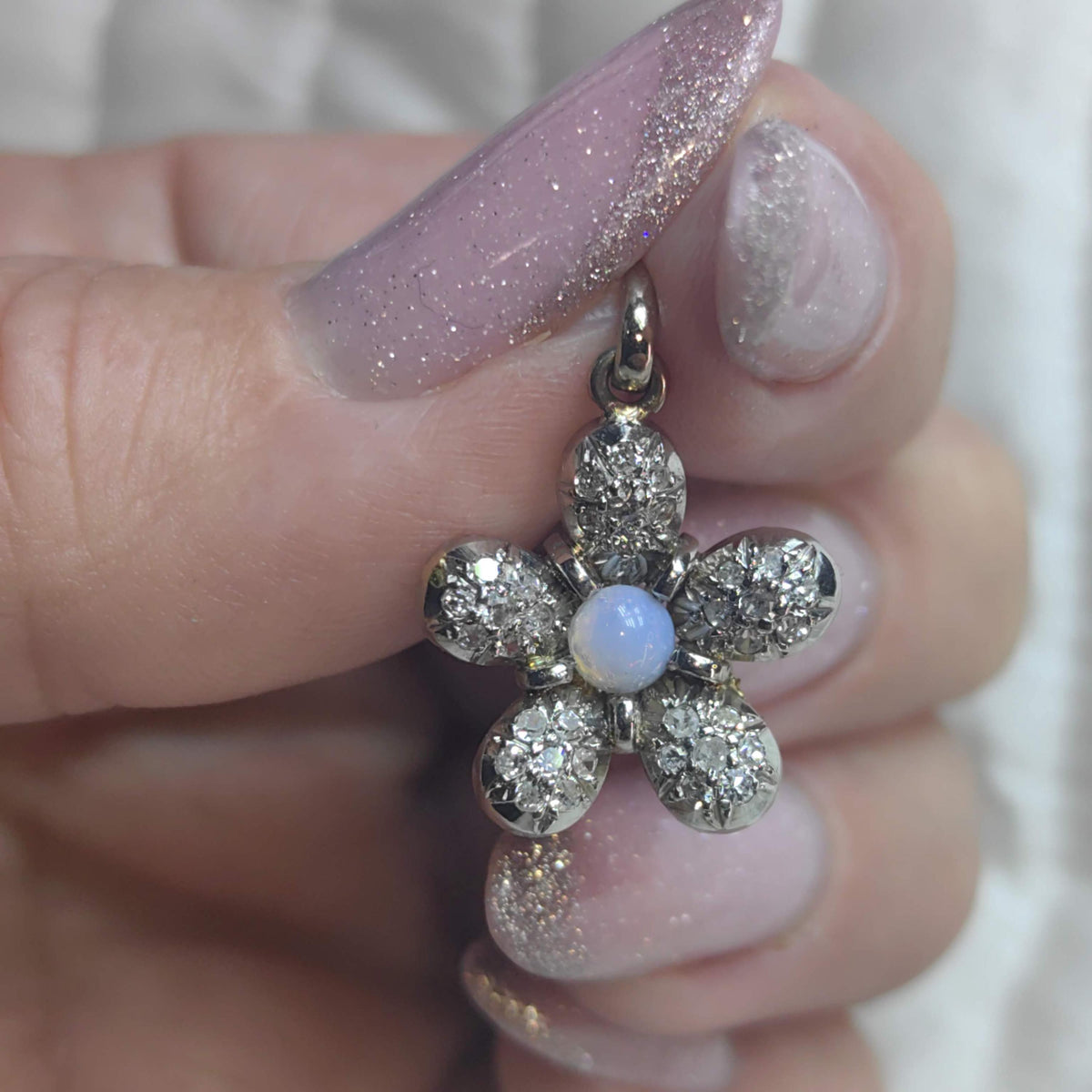 Art Deco Diamond Moonstone Flower Pendant: 18k White Gold Charm