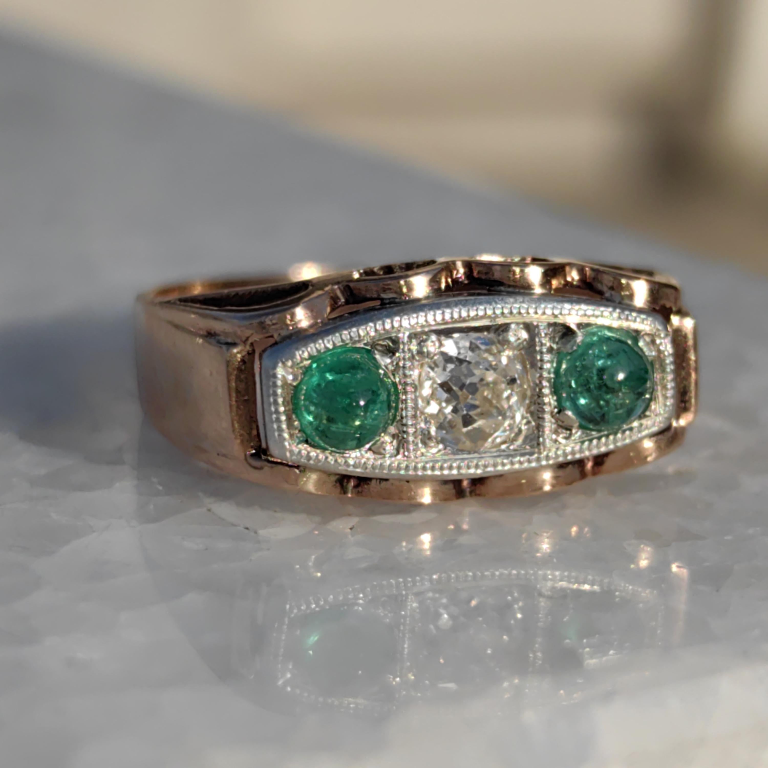 Antique 14k Gold Emerald & Diamond Ring: 1920s Art Deco Statement