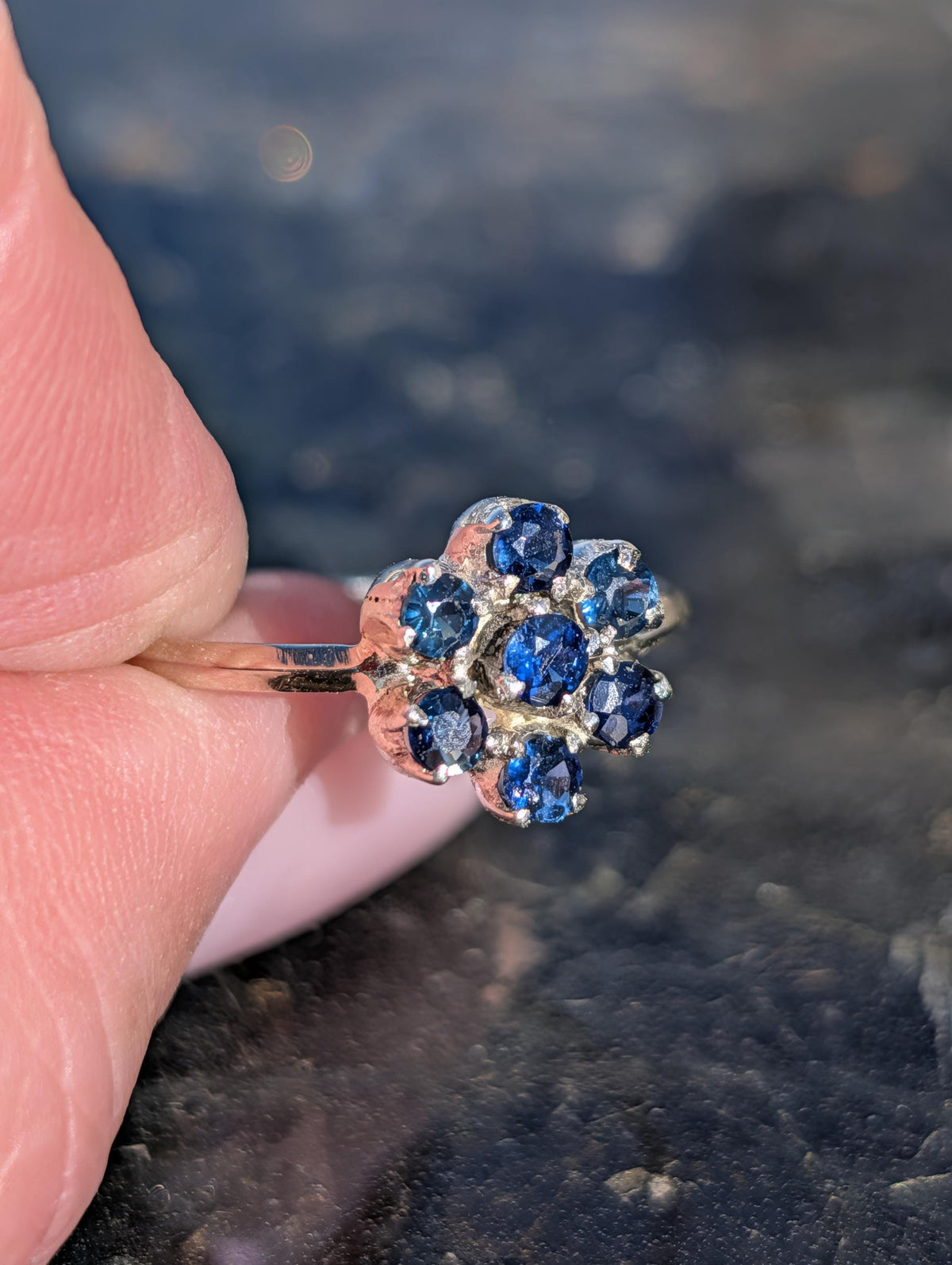Vintage 1950s Blue Sapphire Flower Ring 14k White Gold Mid Century Floral Cluster Engagement Ring Size 7.5 Gift for Her