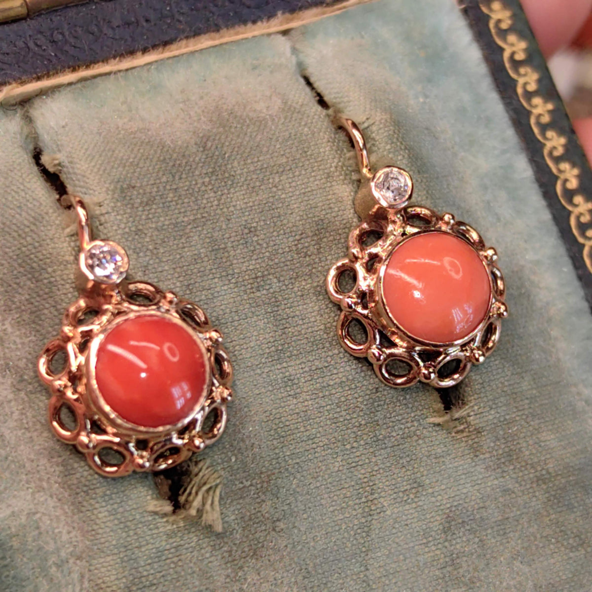 Art Deco 1940s Vintage 14k Champaign Gold Coral ball Rose cut Diamond Sleepers Earrings Lever Back safely everyday wear Gift for Her wife