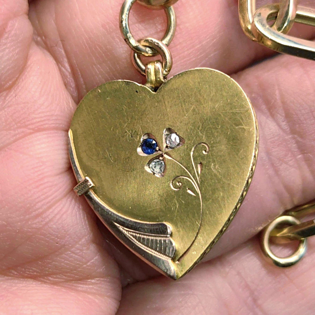 Victorian 14k Gold Heart Pendant: Diamond Sapphire Floral Necklace, 1880s Antique Charm