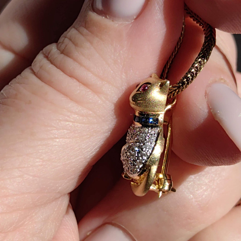 Mid-Century 18K Gold Flirty Sitting Cat Pendant with Bow Natural Diamonds Rubies Sapphires Vintage Figural Kitty Fine Jewelry Collectible