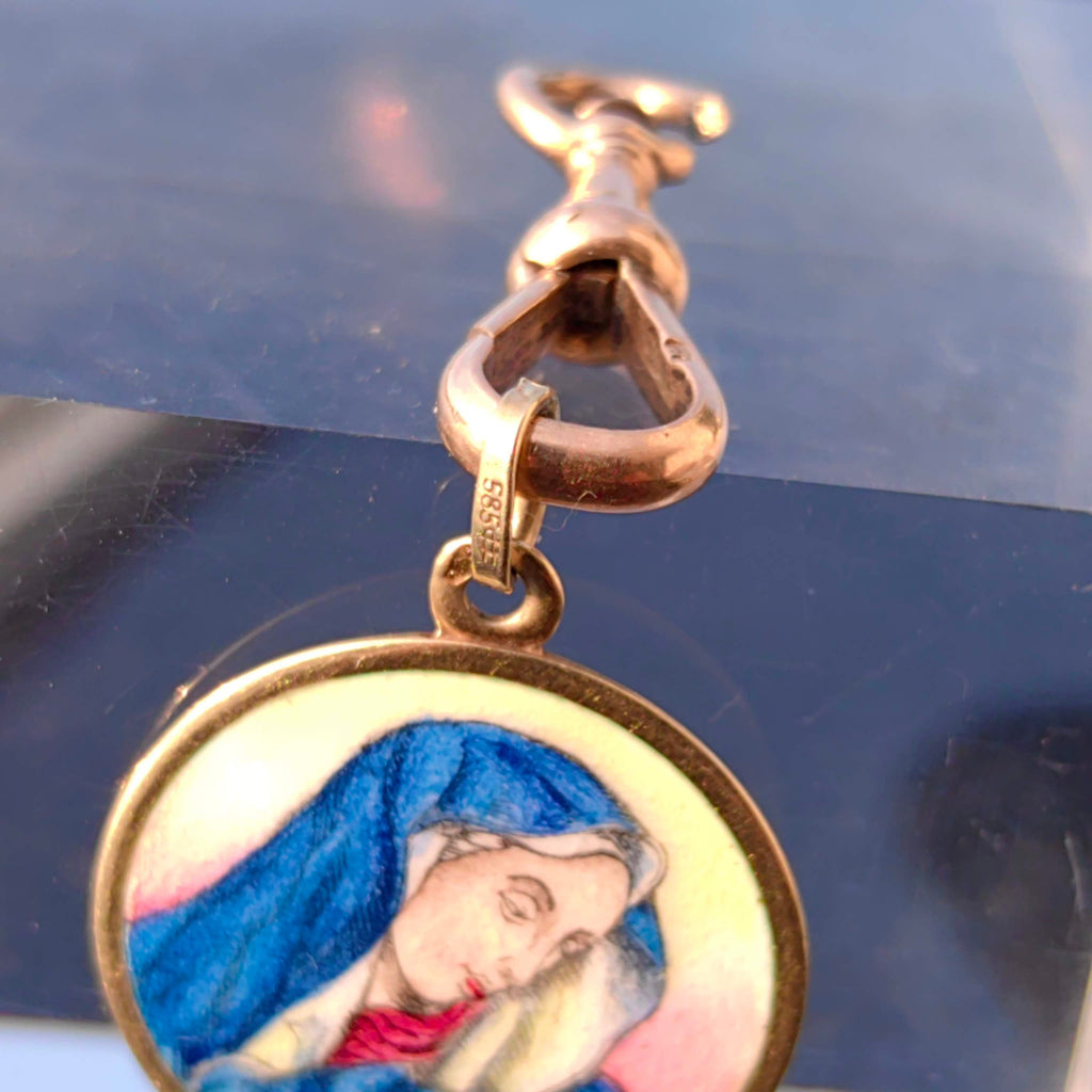 Vintage 14K Gold Virgin Mary Pendant: Hand-Painted Enamel Catholic Charm