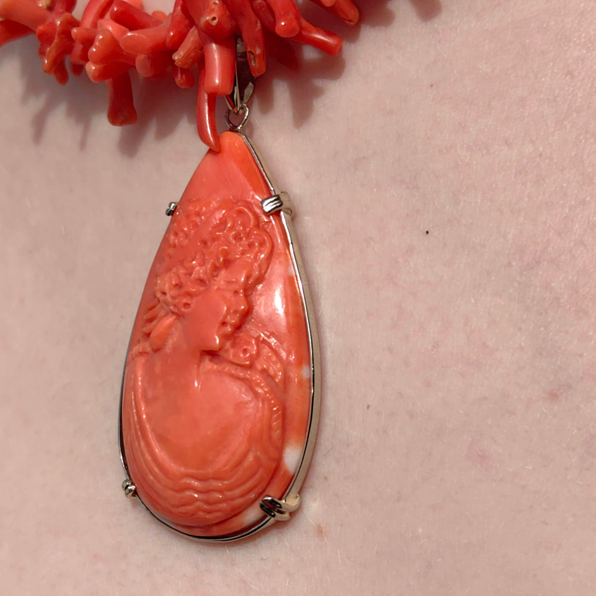 Art Deco Red Coral Cameo Pendant: 14k White Gold Carved Portrait