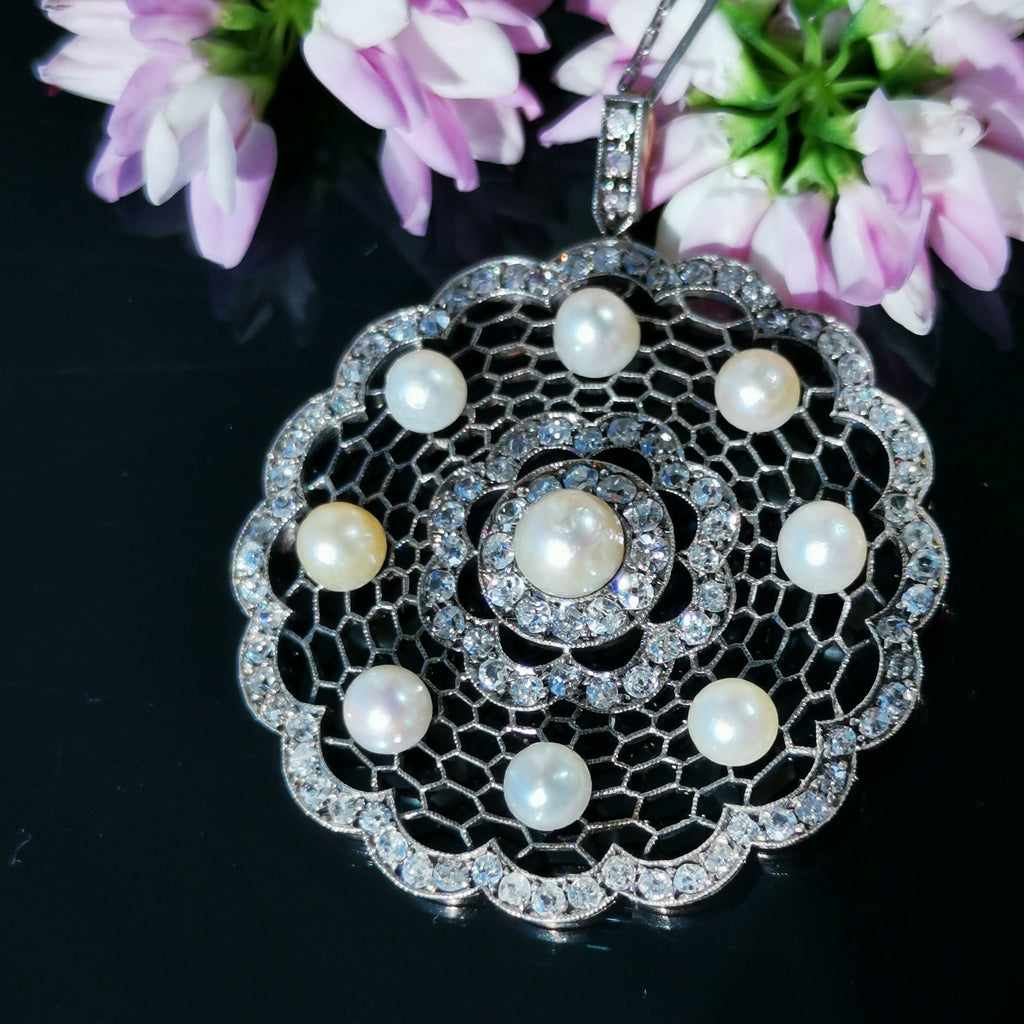 Edwardian 14K Solid Gold Natural Diamond Pearl Statement large Pendant  Antique Art Deco Filigree Handmade Gift for Her