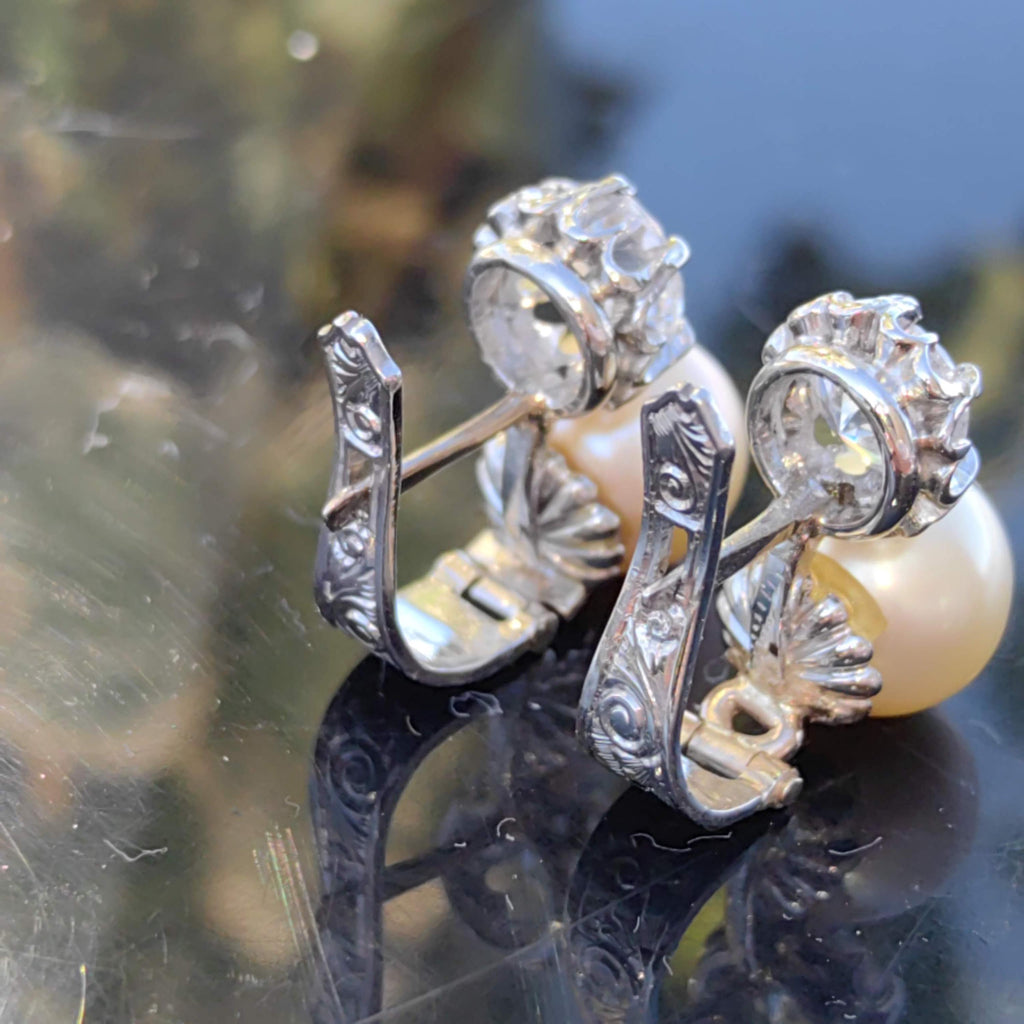 Art Deco Pearl Earrings: White Sapphire 18k White Gold, Handmade 1930s Style