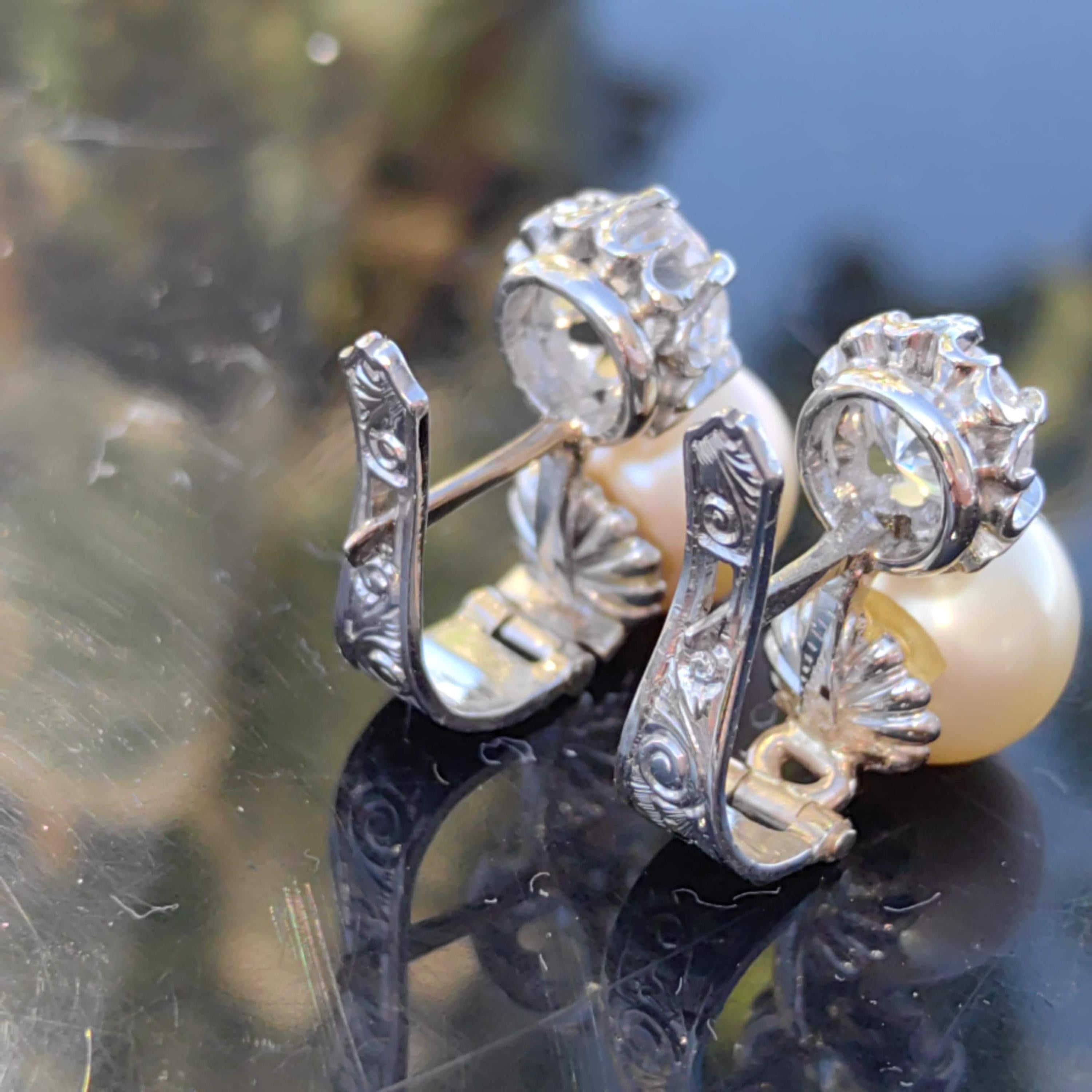 Art Deco Pearl Earrings: White Sapphire 18k White Gold, Handmade 1930s Style