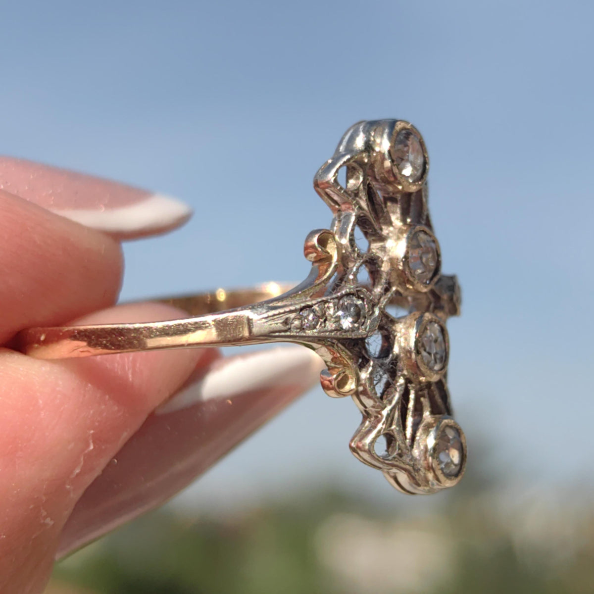 Art Deco 1920s Natural Diamond Engagement Ring Hallmarked 14k Solid Yellow Gold Floral Vintage Elegant Gift for Her Statement ring