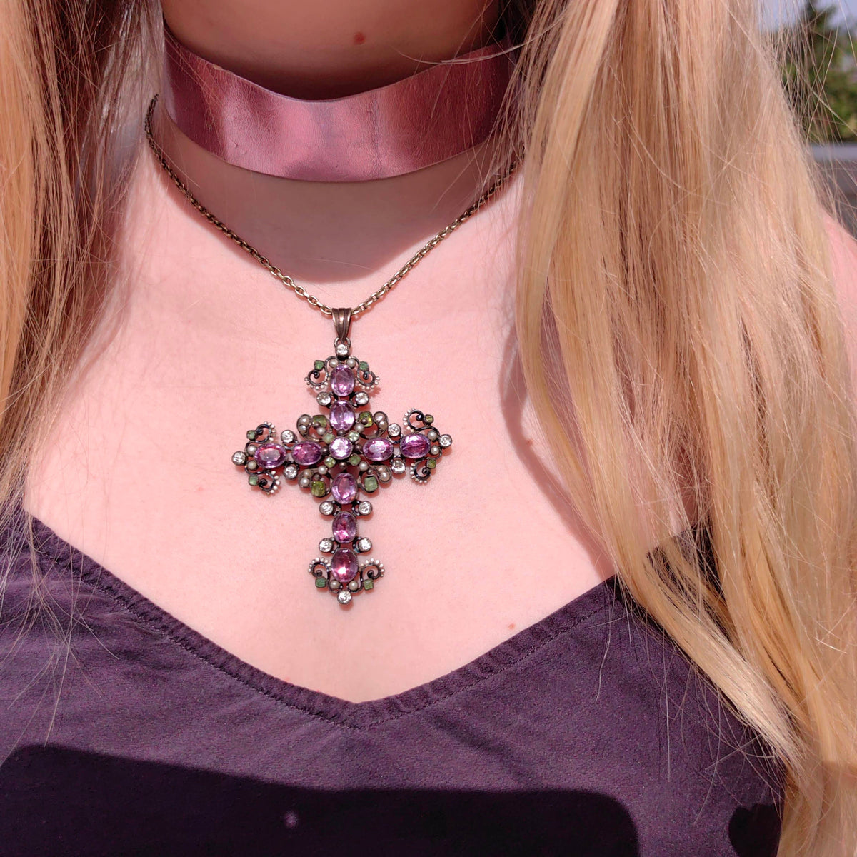 Baroque Antique natural Purple Amethyst Green Demantoid white Sapphire Silver Christian Latin Cross Large Statement Pendant