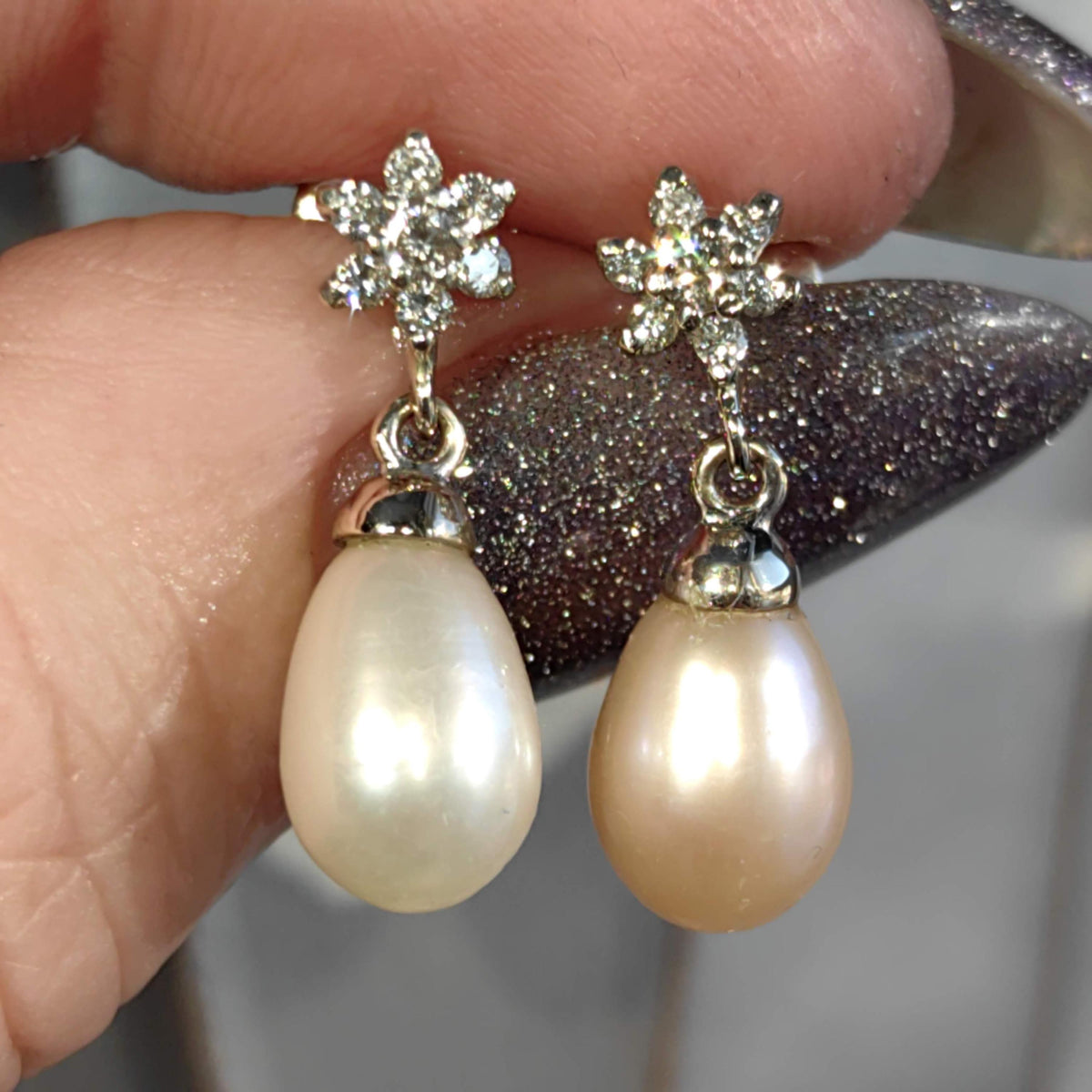 Vintage Diamond Pearl Drop Solid White 18k  Gold Dangle Elegant Dainty Earrings Gift for her wife romantic present Christmas birthday