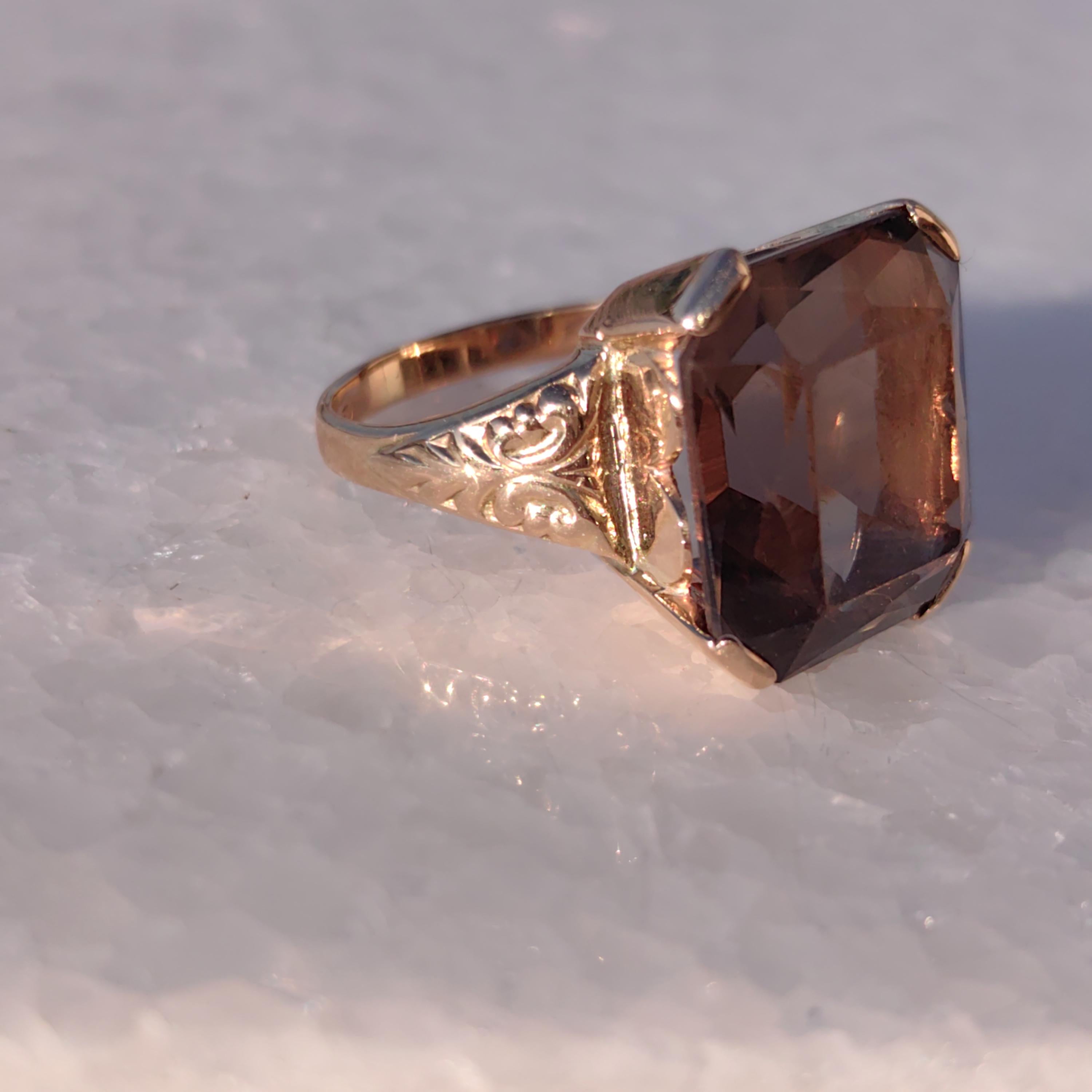 Smoky Topaz Art Deco Ring: 14k Yellow Gold, 1940s Statement