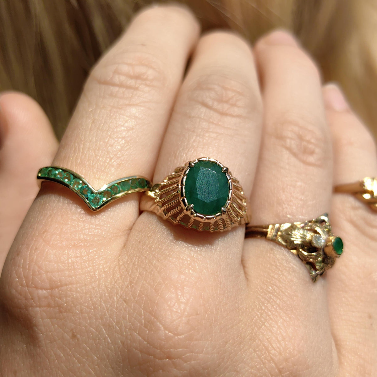 14k Solid Yellow Hallmarked Gold Natural Green Emerald Geometric Band Ring Vintage Minimalist Elegant Gift Present