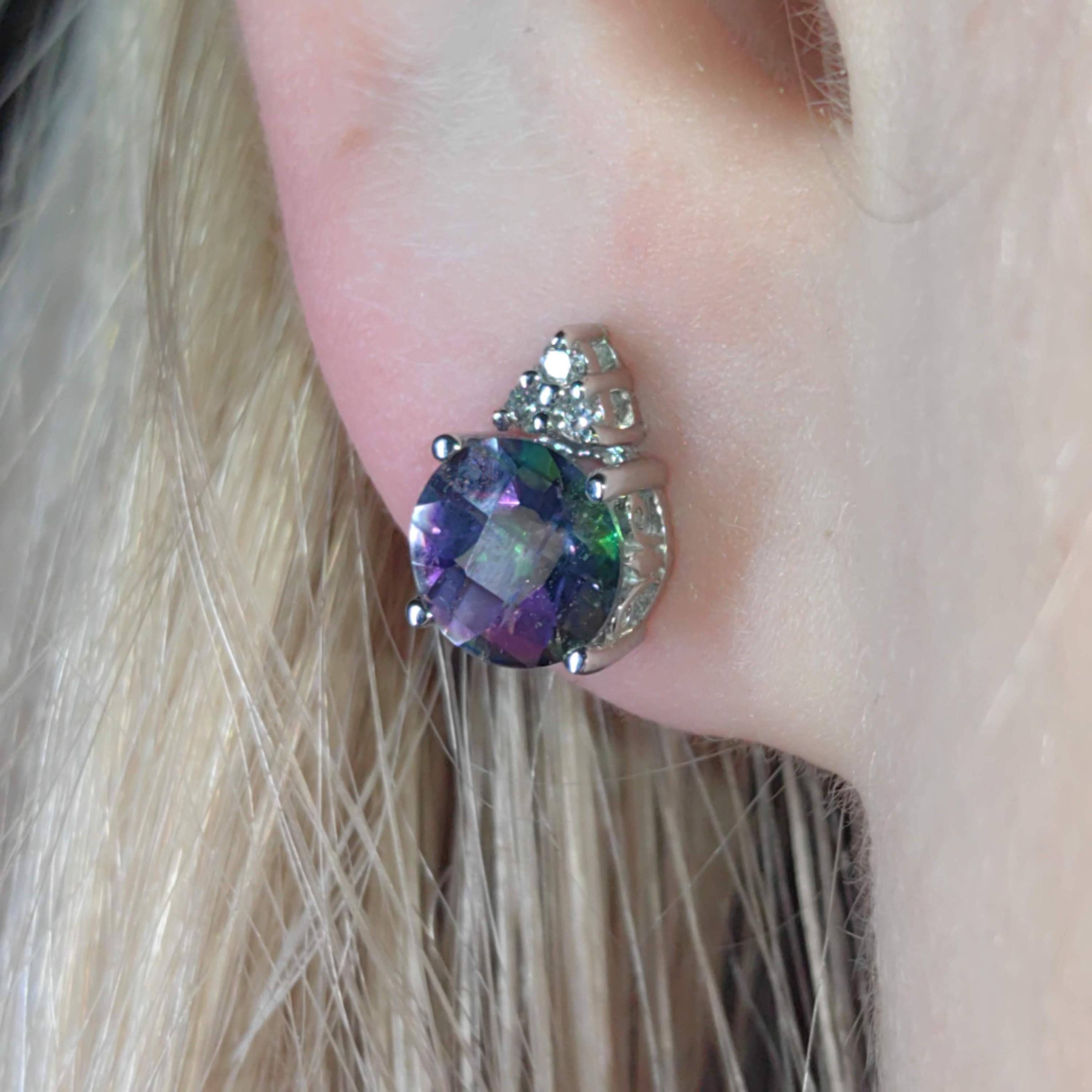 Mystic Topaz Diamond White Gold 14k Solid Gold Stud Cluster Antique Vintage Earrings