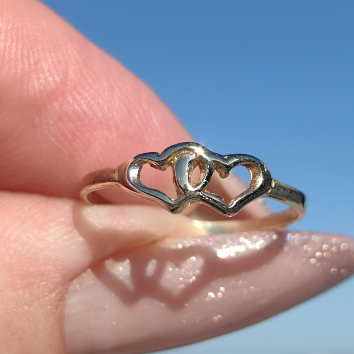Vintage 14k Hallmarked Yellow Gold Heart Shaped Dainty Promise Ring Two Heart Engagement Wedding Ring Elegant Gift for Her